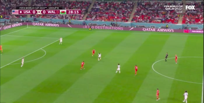 USMNT midfielder Yunus Musah picks up the ball deep in midfield vs. Wales.